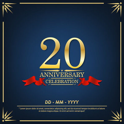 20周年庆典会徽。周年纪念典雅金色与红色丝带在深蓝色的背景，矢量插图模板设计的庆祝问候和邀请卡