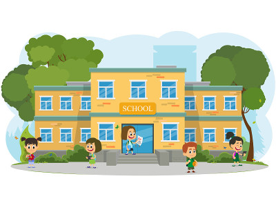 教学楼和孩子们在学校的前院。