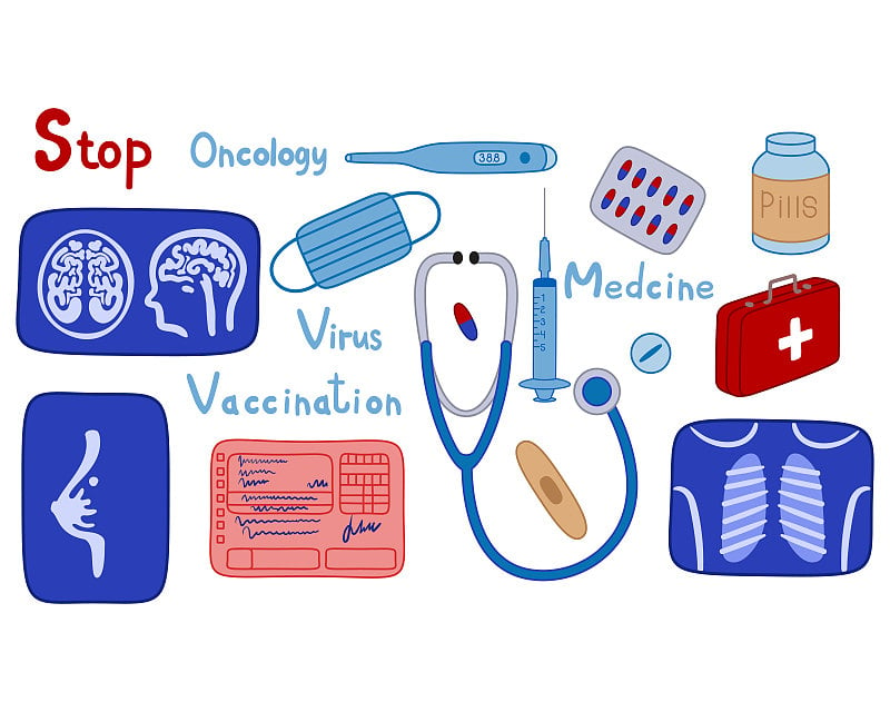 医疗用品温度计、药品、口罩、医生处方、听诊器、膏药、急救箱、注射器。胸部，大脑和肺部的x光片。医学，