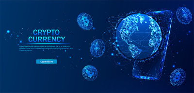 Bitcoinn。电子加密货币与现代技术。网上银行和金融通讯。万维网。蓝色背景上的比特币加密货币。