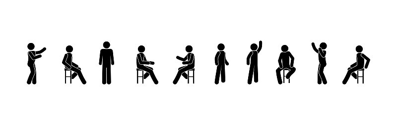 people stand and sit in various poses, communicati