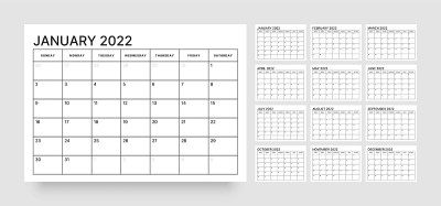 墙壁或桌面日历模板为2022与周开始周日。