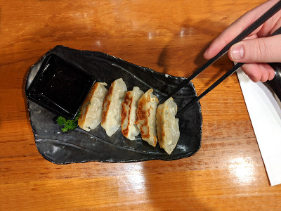 在一家日本餐馆里，筷子夹起一个猪肉饺子