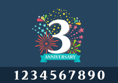 三周年纪念横幅上有数字。模板第一次生日庆祝和抽象文字上的蓝色插图