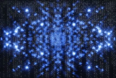 蓝色矩阵数字背景。抽象的网络空间的概念。人物倒了。来自符号流的矩阵。虚拟现实设计。复杂的算法数据黑客