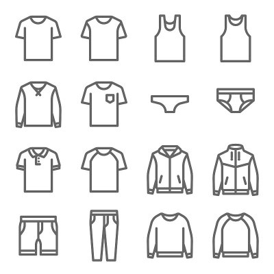 衣服矢量线图标设置。包含内衣，t恤，外套，夹克，裤子等图标。扩大中风
