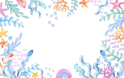 水下水彩背景。海藻、鱼。海星、珊瑚、彩虹、贝壳等海洋元素。卡通插图