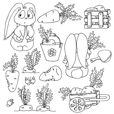 设置可爱的兔子，车，胡萝卜，盒子，桶和铁锹，蝴蝶素描黑色轮廓不同的元素孤立在白色的背景。装修