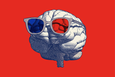 复古绘制的大脑与3D眼镜插图孤立在红色BG