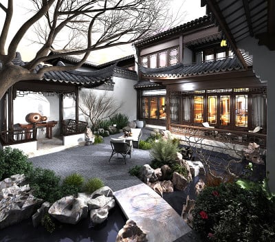 3d渲染花园视图与建筑外部