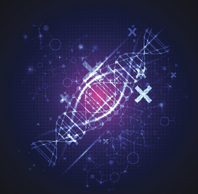 科学模板，带有DNA分子的蓝色壁纸或横幅