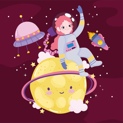 太空探险可爱的卡通宇航员航天飞机行星UFO和月球