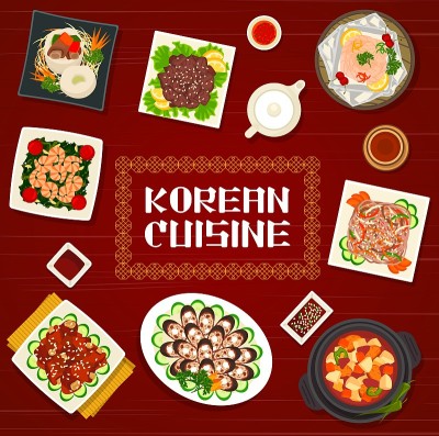 韩国美食卡通矢量海报，韩国美食
