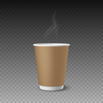矢量3d现实纸棕色纹理一次性茶，咖啡杯孤立。蒸汽、抽烟。股票矢量插图。设计模板。前视图
