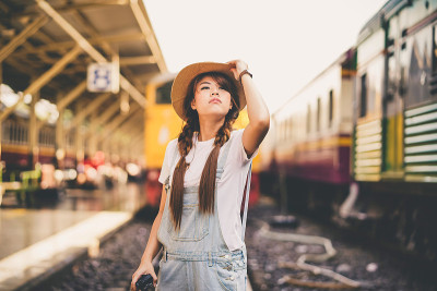 亚洲年轻女孩拍照，快乐的旅行者乘火车。