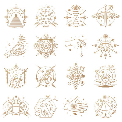 深奥的象征。矢量细线几何徽章。轮廓图标炼金术或神圣的几何学。神秘而神奇的设计与炼金术符号，蘑菇，蛇，