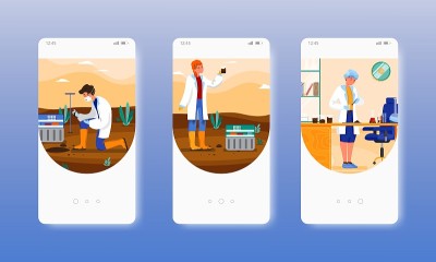 实验室、田间农业土壤质量检测。移动应用屏幕，矢量网站横幅模板。UI，网站设计