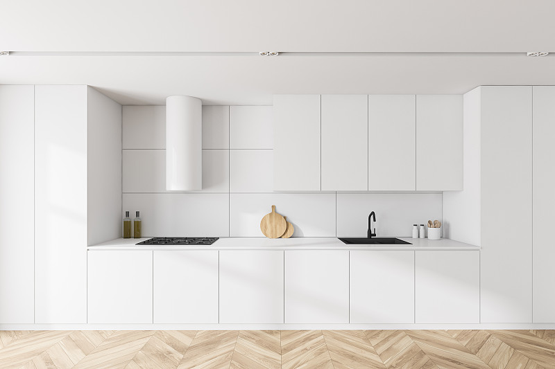 White kitchen interior with cabinets