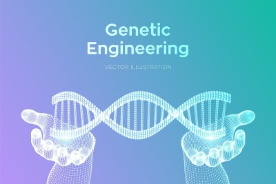 DNA序列在手。线框DNA分子结构网。DNA代码可编辑模板。科学技术概念。矢量插图。