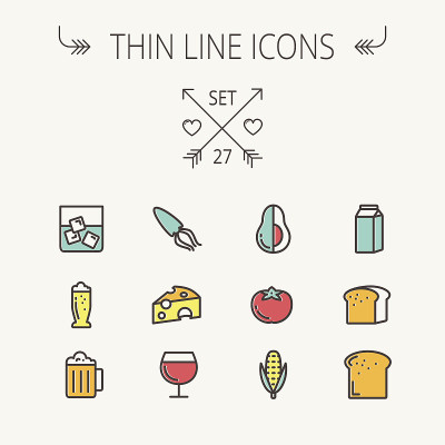 Colorful food and drink thin line icon set