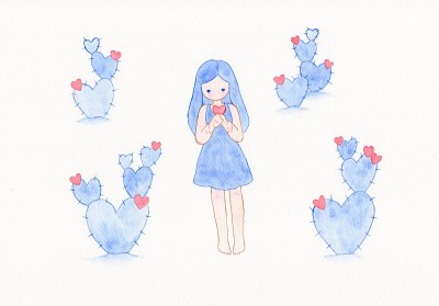 女孩抱着一颗红心在仙人掌地里。水彩插图。实际尺寸约30x21厘米。(A4纸)