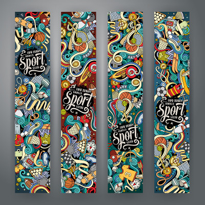 Cartoon vector hand drawn doodles Sport banners