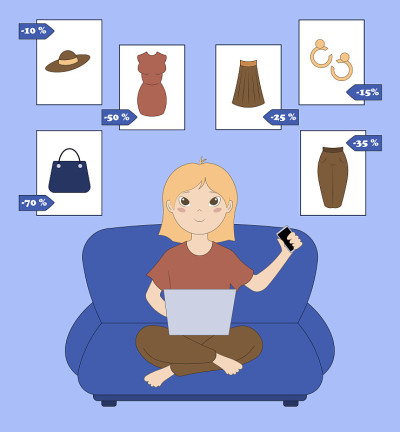 女孩在网上商店挑选衣服。出售。