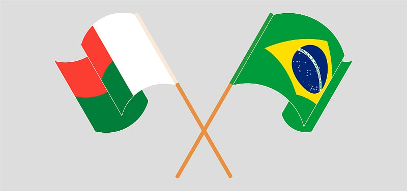 Crossed and waving flags of Madagascar and Brazil