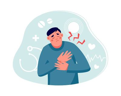 男人心脏病发作，胸部疼痛。心脏治疗、保健和疾病诊断的概念。