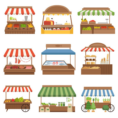 当地市场。户外商店的地方新鲜的农场食品，蔬菜，水果，牛奶和肉类业主矢量插图