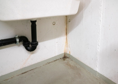 在一个巨大的白色水池下面的混凝土地下室里，氧化和生锈的钙、霉菌和霉变沉积物被水破坏