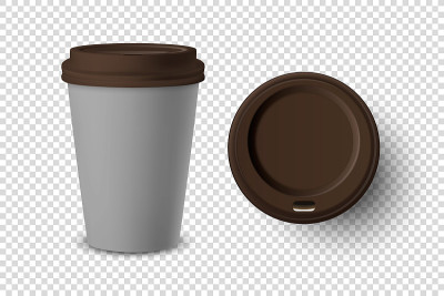 向量3d现实灰色一次性关闭和打开纸，塑料咖啡杯饮料与棕色盖设置特写孤立在透明背景。设计模板模型。顶视