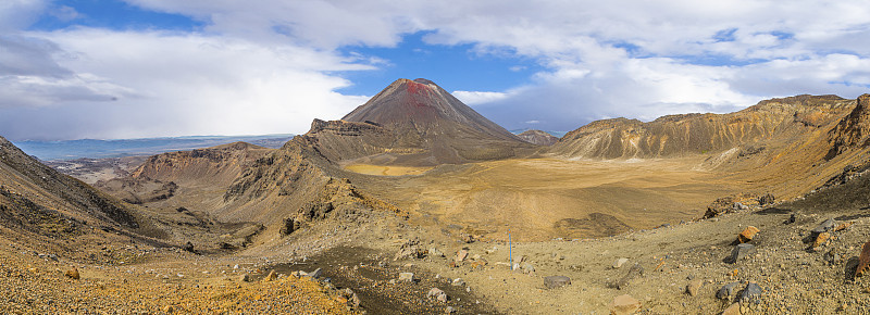 在汤加里罗国家公园的恩高鲁赫山的全景照片，在新西兰北部岛屿的夏季