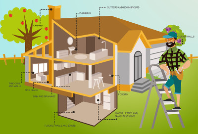Man with tools examines house roof poster