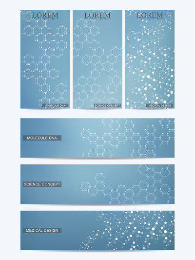 一套现代科学横幅。分子结构DNA和神经元