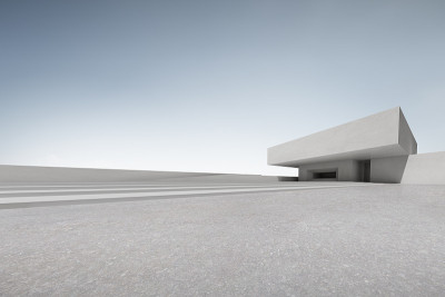 3d渲染混凝土块，建筑形状与空水泥地板。