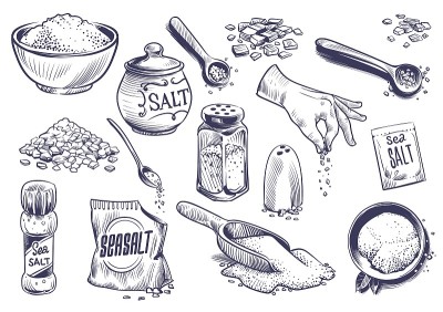 Hand drawn salt. Salting crystal, glass bottle wit
