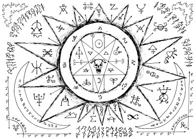 五角星、魔面、炼金术符号的灵灵板设计。