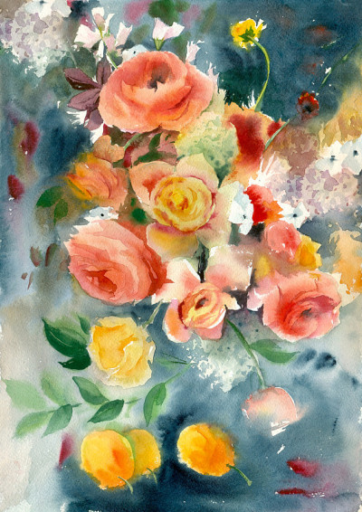 水彩画红色和黄色的花。