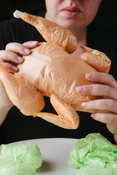 塑料微粒。由塑料袋制成的人造食品