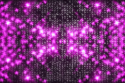 粉色矩阵数字背景。抽象的网络空间的概念。人物倒了。来自符号流的矩阵。虚拟现实设计。复杂的算法数据黑客