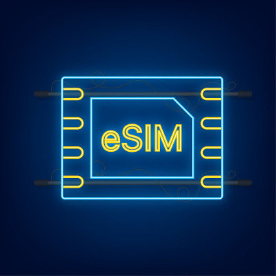 eSIM嵌入式SIM卡图标符号概念。新芯片移动蜂窝通信技术。霓虹灯图标。向量股票插图