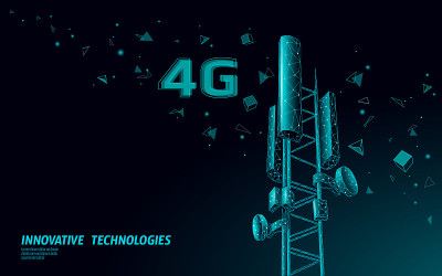 3d基站接收器。电信铁塔4g多边形设计全球连接信息发射机。移动无线电天线蜂窝矢量图