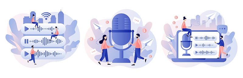 语音信息的概念。小人用麦克风来记录信息。聊天应用程序。现代平面卡通风格。矢量插图上的白色背景