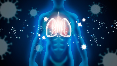 全息摄影的蓝色人与肺的概念健康和健康的呼吸系统。医疗未来技术和创新理念。