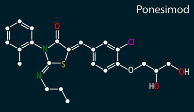 Ponesimod，实验性抗炎药物分子。多发性硬化症和银屑病的治疗。深蓝色背景上的骨架化学式