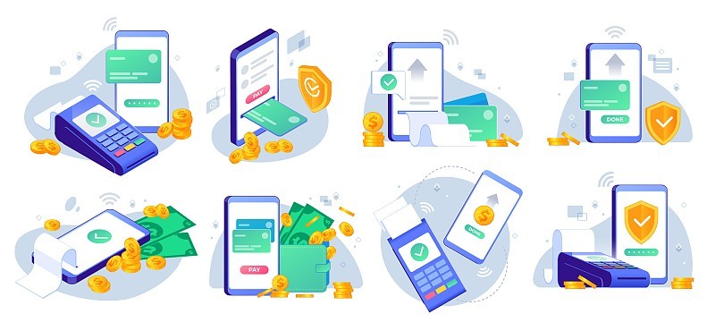 移动支付。在线从手机钱包向银行卡转账，金币转账app和电子支付矢量插图集