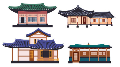 韩屋建筑孤立矢量插图集。
