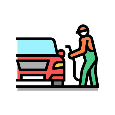 操作员加油车，加油站工人服务彩色图标矢量插图