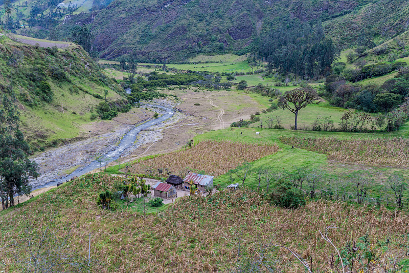 厄瓜多尔基洛托亚火山口附近的托奇河峡谷的乡村房屋